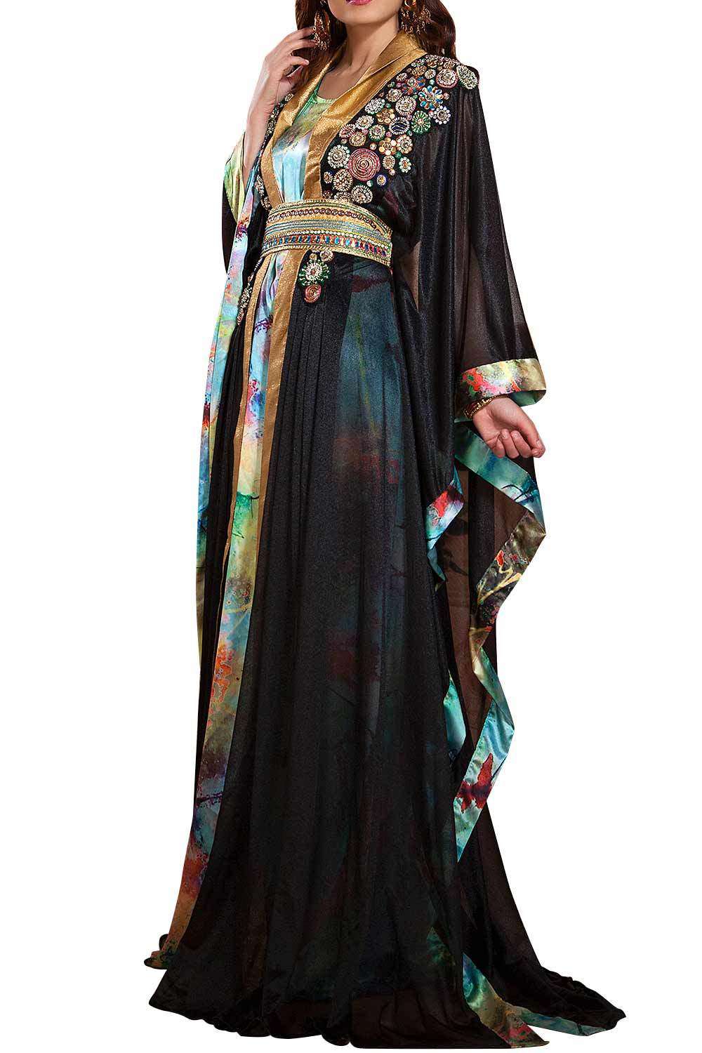 Trendy Beautiful Gulf Trend Pastel & Black Color Party Wear Dubai Style Moroccan Kaftan