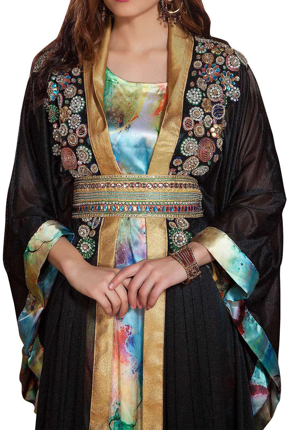 Trendy Beautiful Gulf Trend Pastel & Black Color Party Wear Dubai Style Moroccan Kaftan