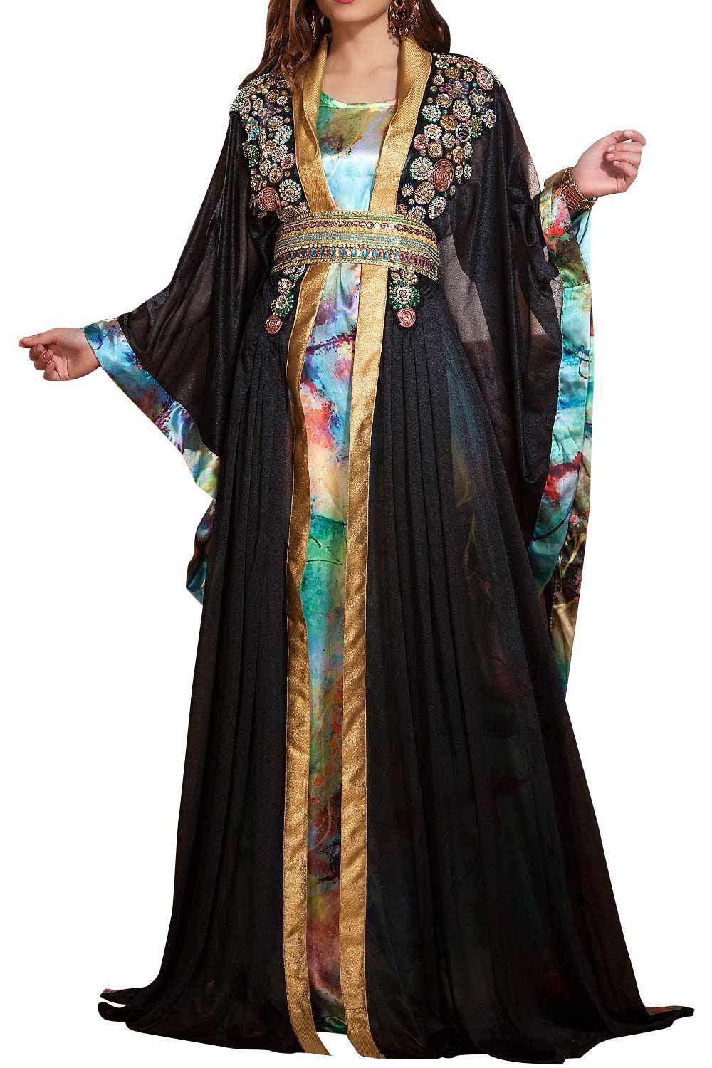 Trendy Beautiful Gulf Trend Pastel & Black Color Party Wear Dubai Style Moroccan Kaftan