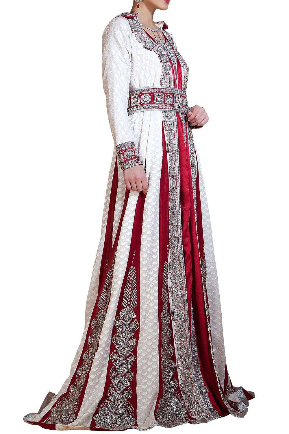Off White and Maroon Color Embroidered Long Sleeve Wedding Dress Takchita