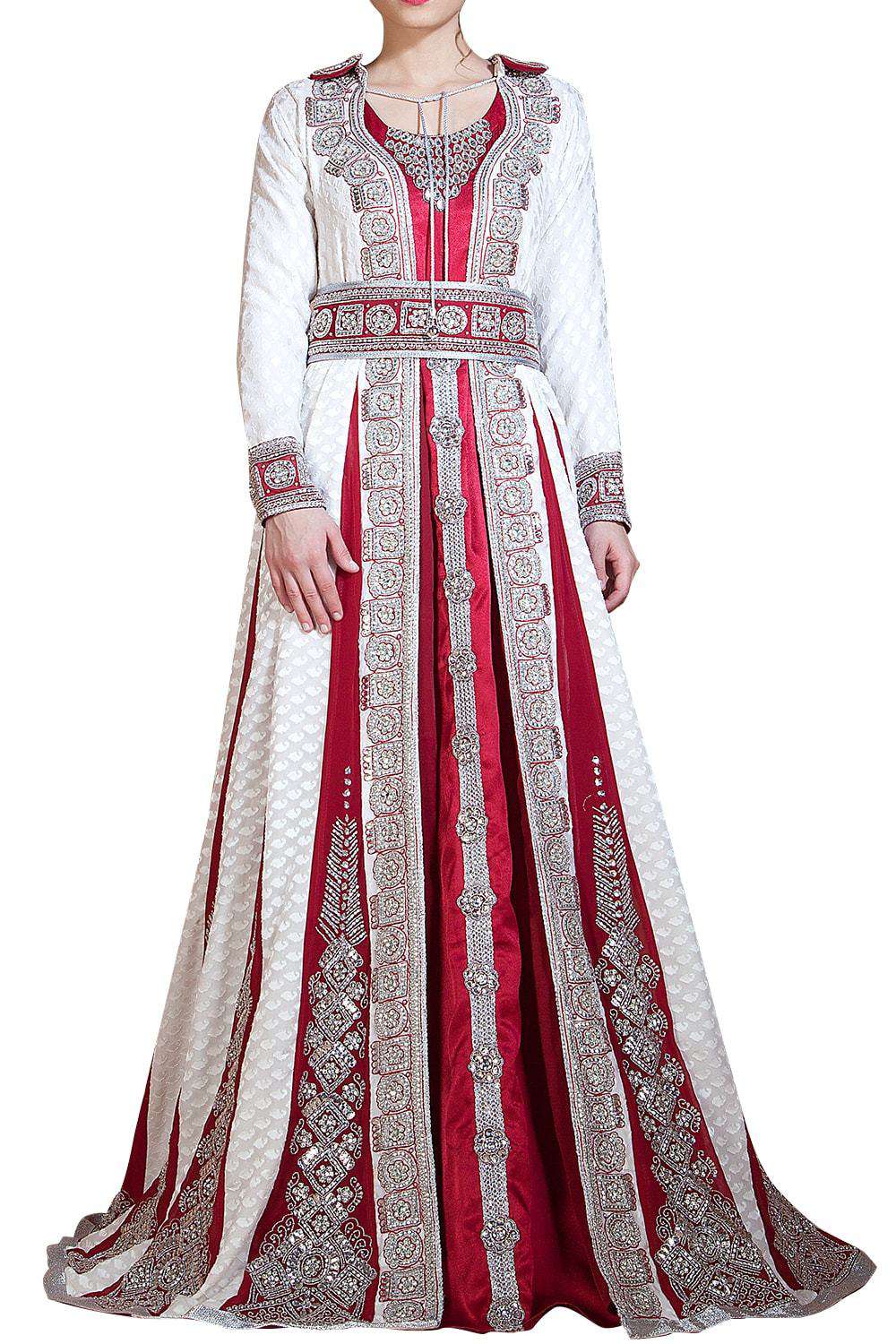 Off White and Maroon Color Embroidered Long Sleeve Wedding Dress Takchita