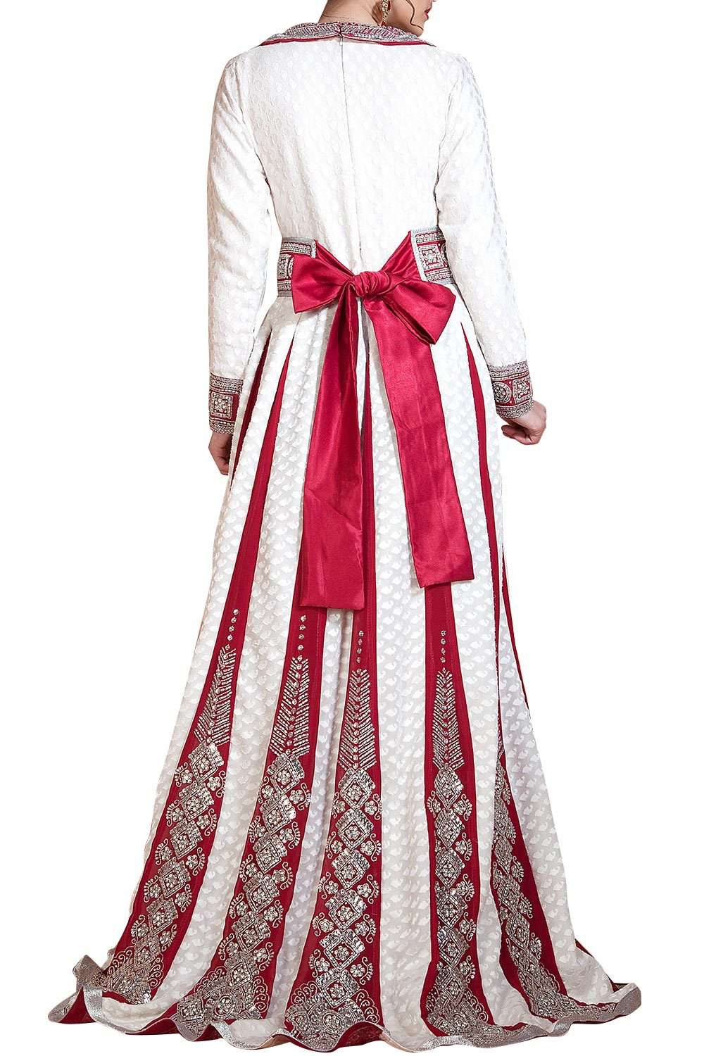 Off White and Maroon Color Embroidered Long Sleeve Wedding Dress Takchita