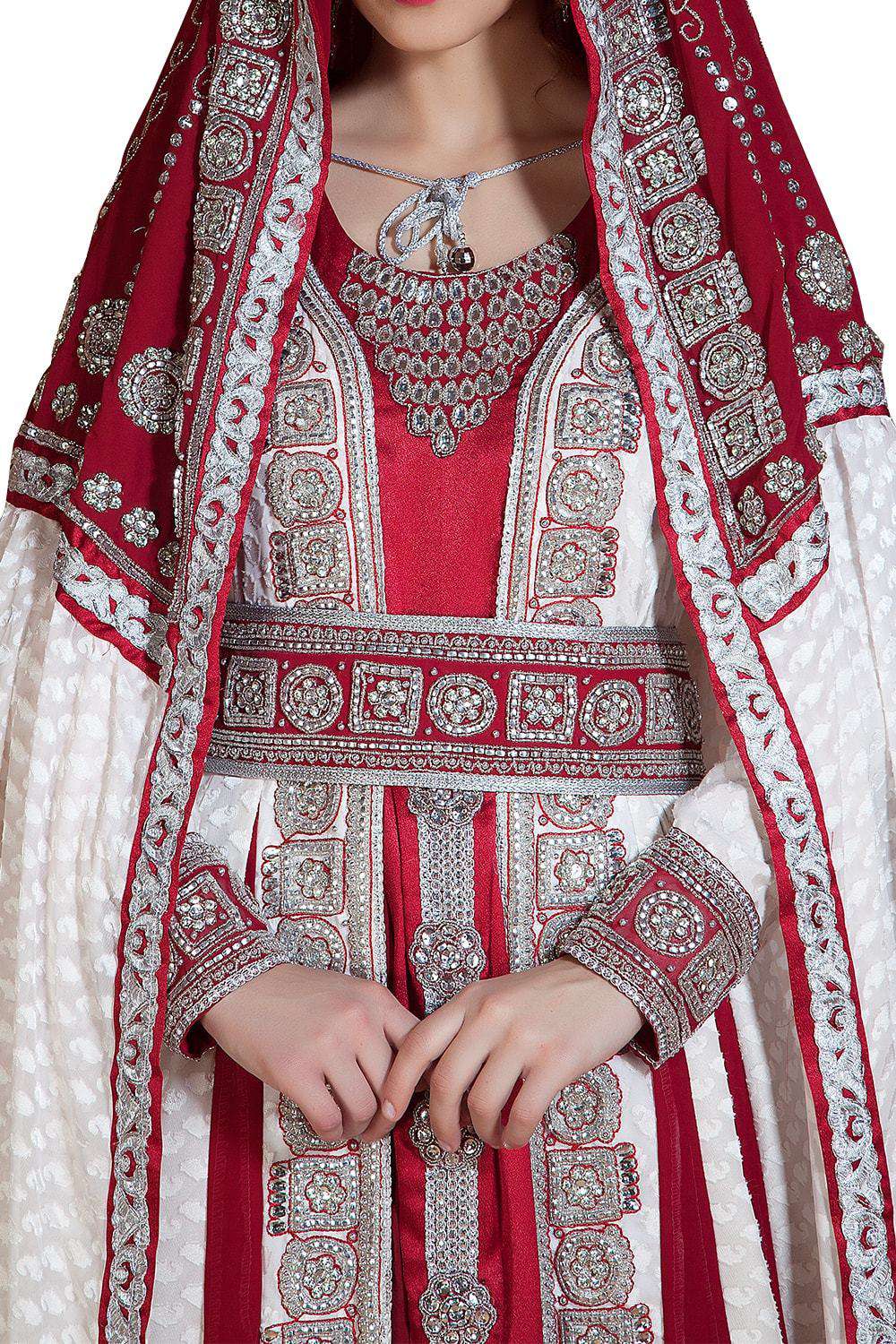 Off White and Maroon Color Embroidered & Handmade Wedding Dress Long Sleeve Moroccan Kaftan