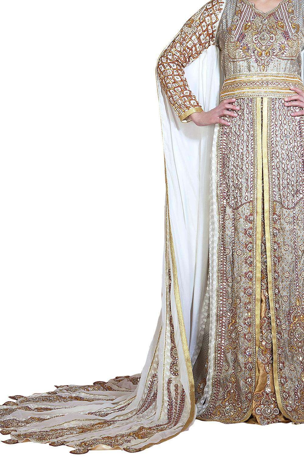 Contemporary Classy Gold and Off White & Gray Modern Moroccan Wedding Dress Long Sleeve Caftan
