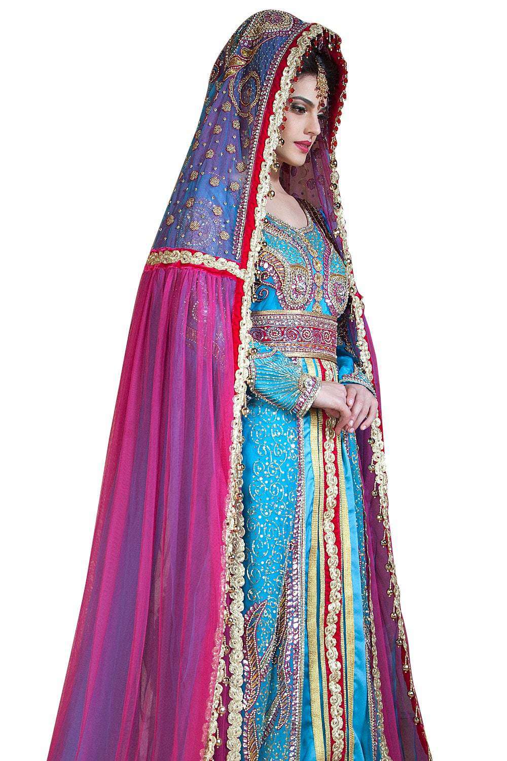 Ferozi and Dark Pink Color Designer Arabic Muslim Long Sleeve Wedding Caftan With Veil