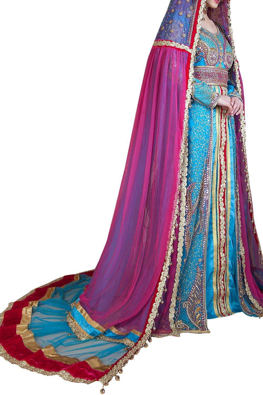 Ferozi and Dark Pink Color Designer Arabic Muslim Long Sleeve Wedding Caftan With Veil