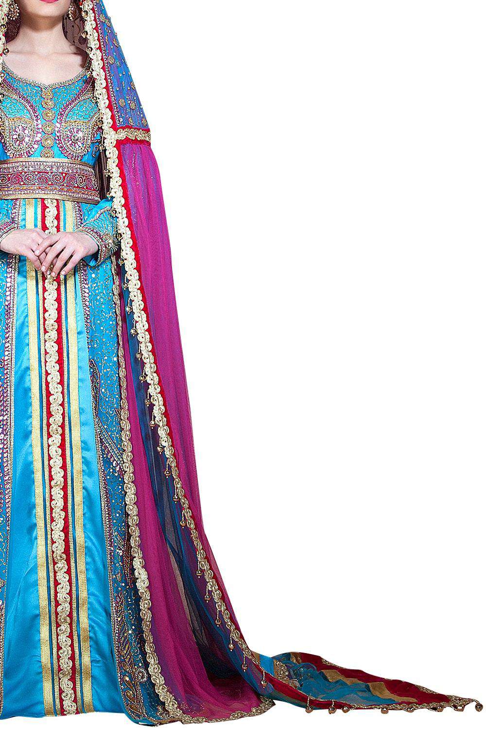 Ferozi and Dark Pink Color Designer Arabic Muslim Long Sleeve Wedding Caftan With Veil