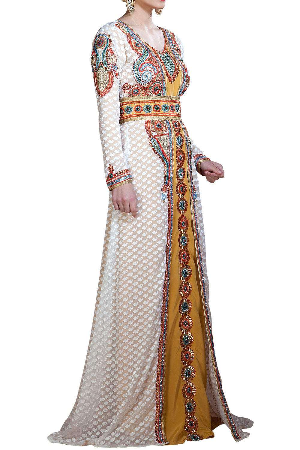 Off White and Golden Color Hand Beaded Moroccan Kaftan