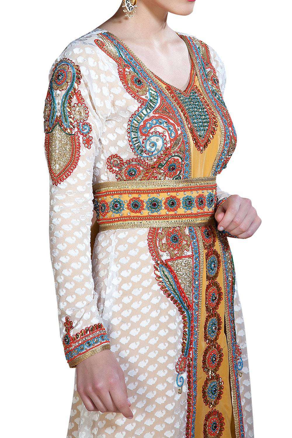 Off White and Golden Color Hand Beaded Moroccan Kaftan