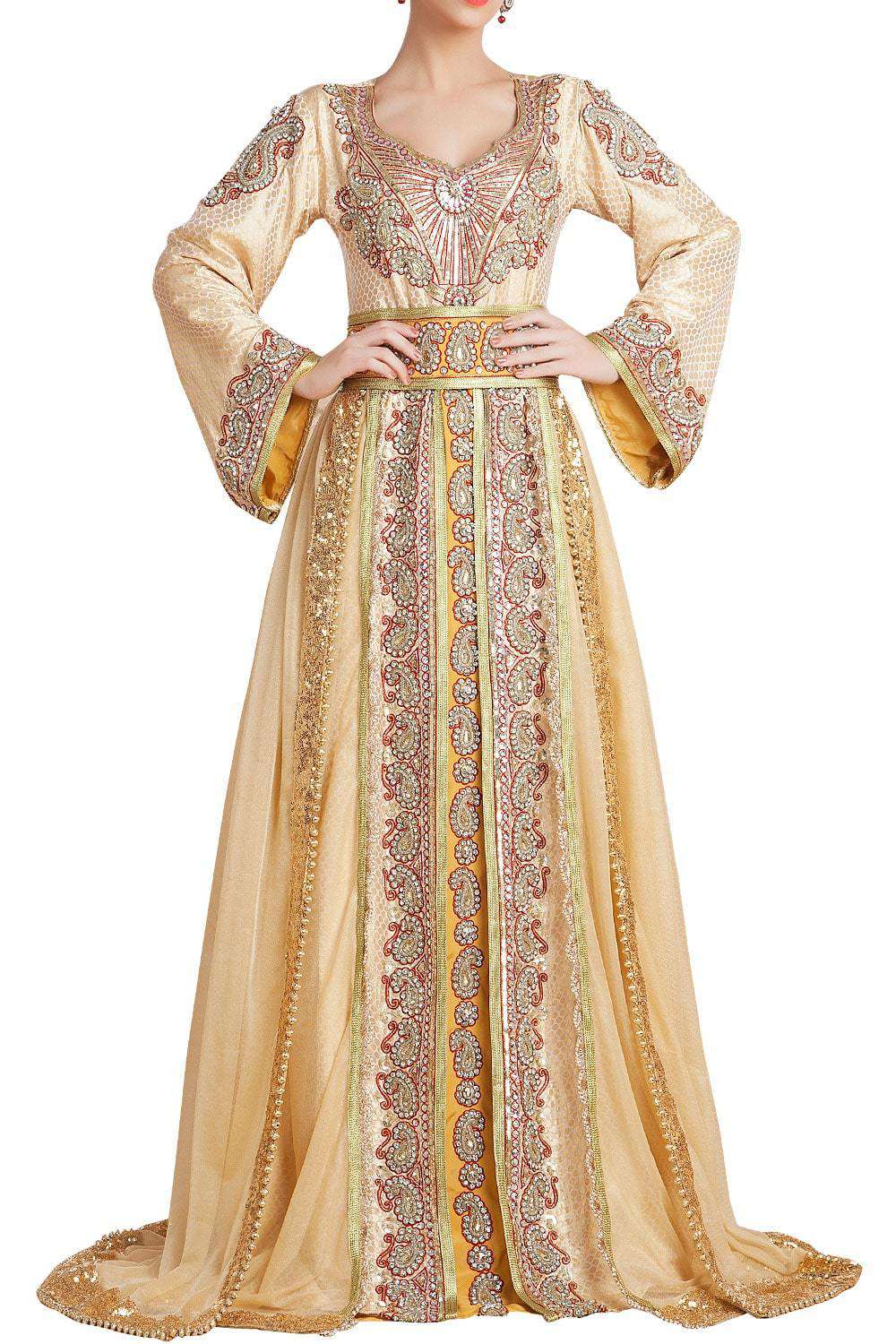 Gold Color Hand Beaded Dubai Ladies Moroccan Style Wedding Caftan