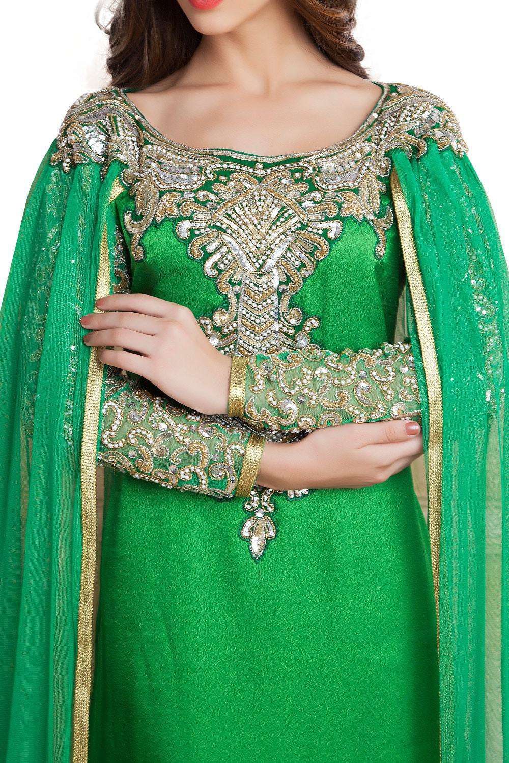 Green Color Designer Handmade Arabic Long Sleeve Wedding Islamic Dress