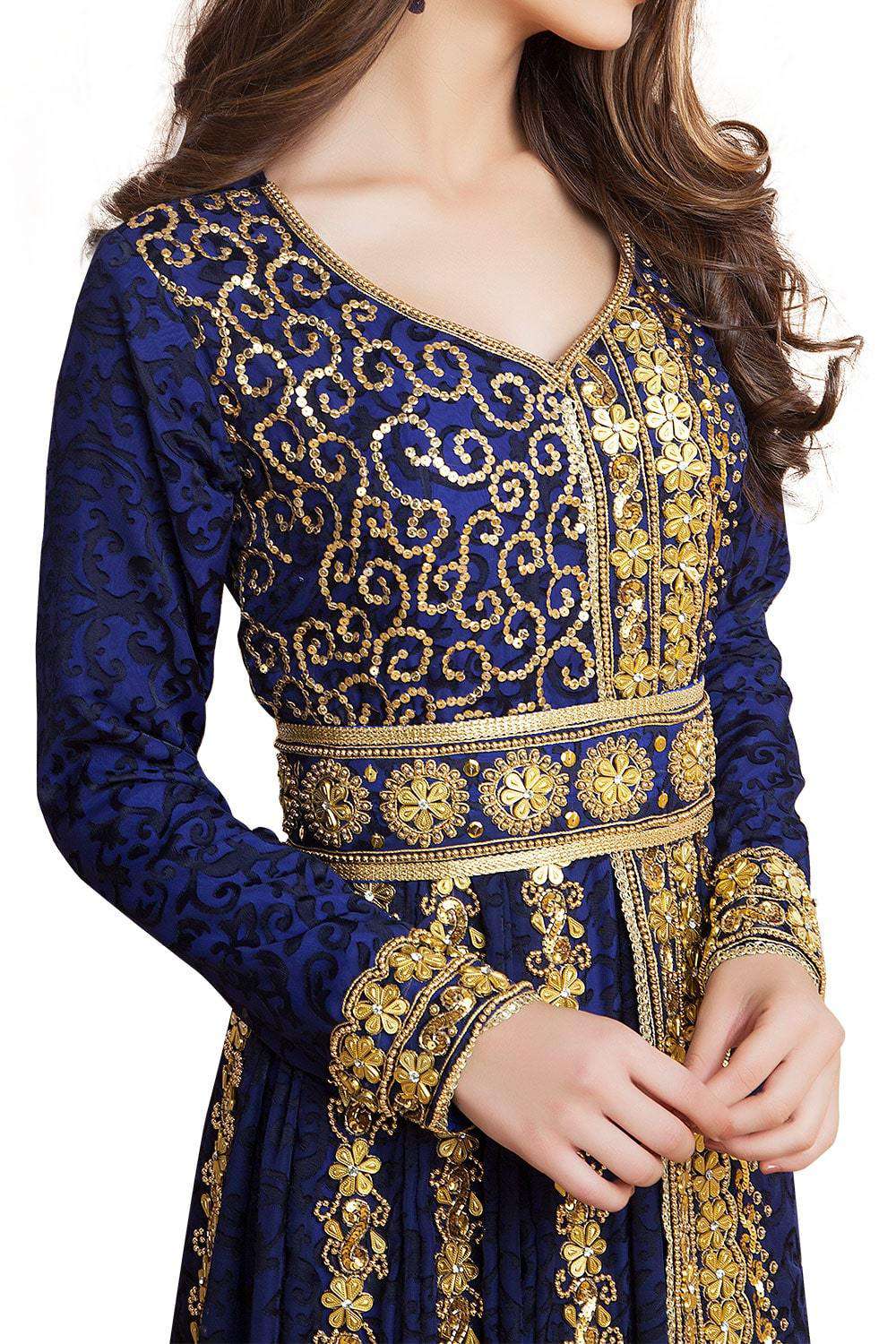 Gleaming Blue Color Party Wear Full Sleeve Black Beading Caftan