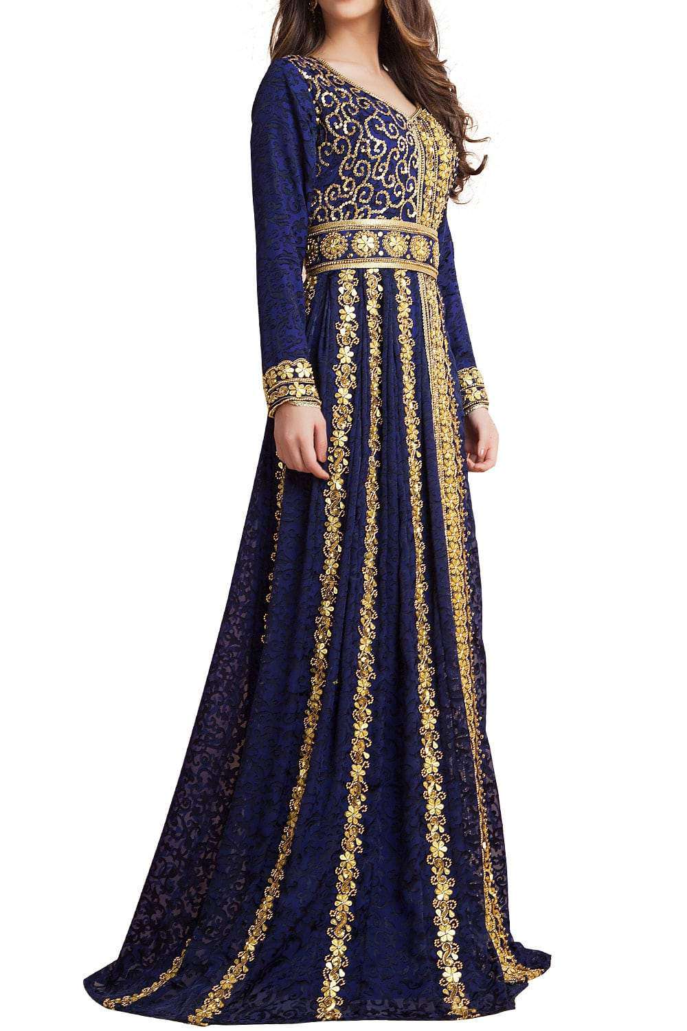 Gleaming Blue Color Party Wear Full Sleeve Black Beading Caftan