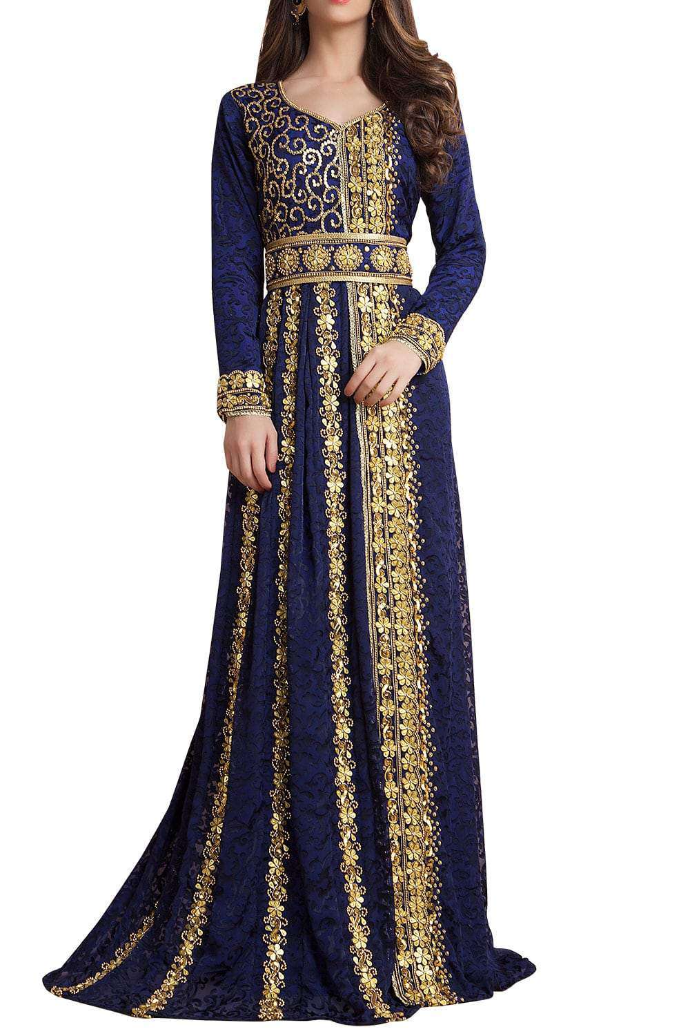 Gleaming Blue Color Party Wear Full Sleeve Black Beading Caftan