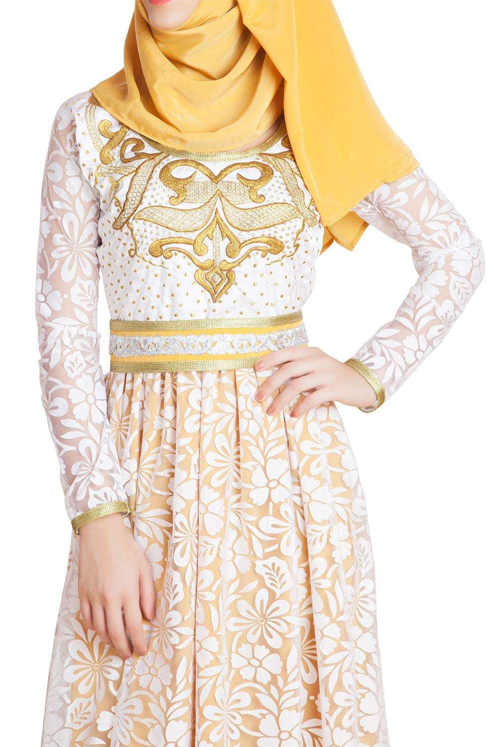 White & Gold Color Arabic Evening Dress With Net Brasso and Thread Work Caftan