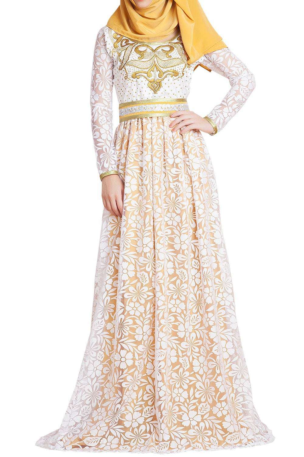 White & Gold Color Arabic Evening Dress With Net Brasso and Thread Work Caftan