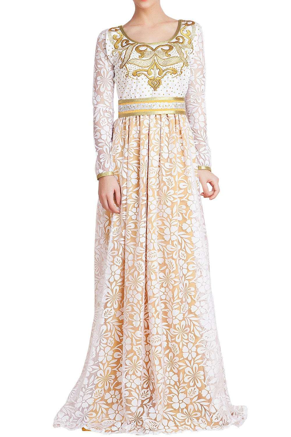 White & Gold Color Arabic Evening Dress With Net Brasso and Thread Work Caftan