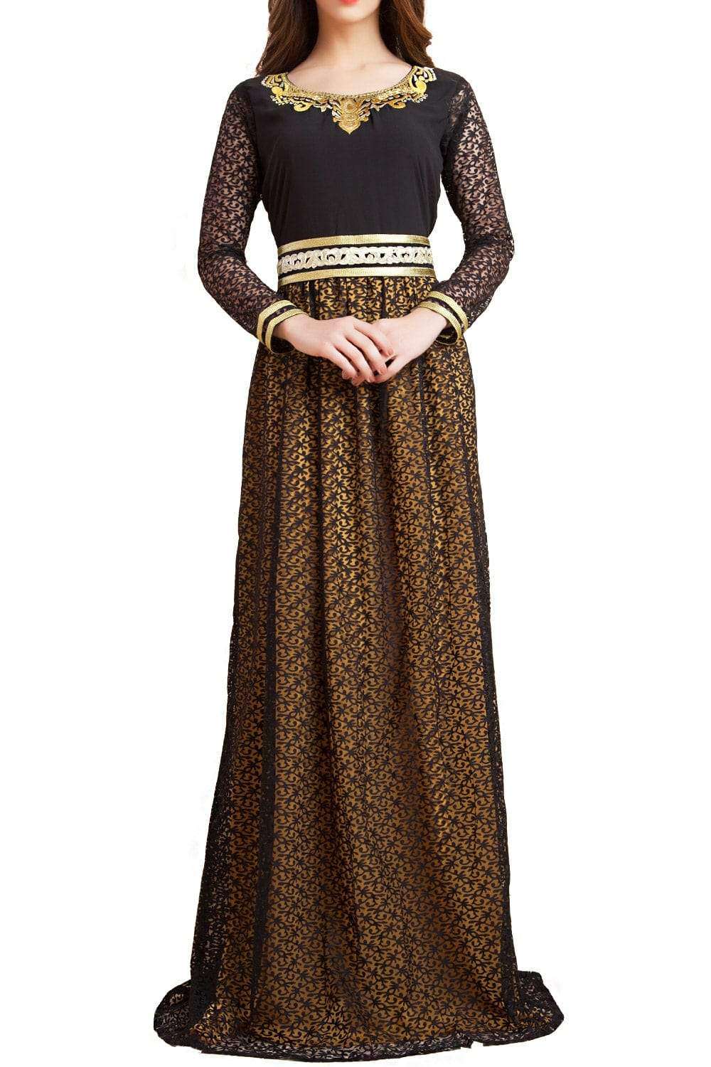 Yellow and Black Color Net Brasso Thread Work Arab Dubai Style Caftan