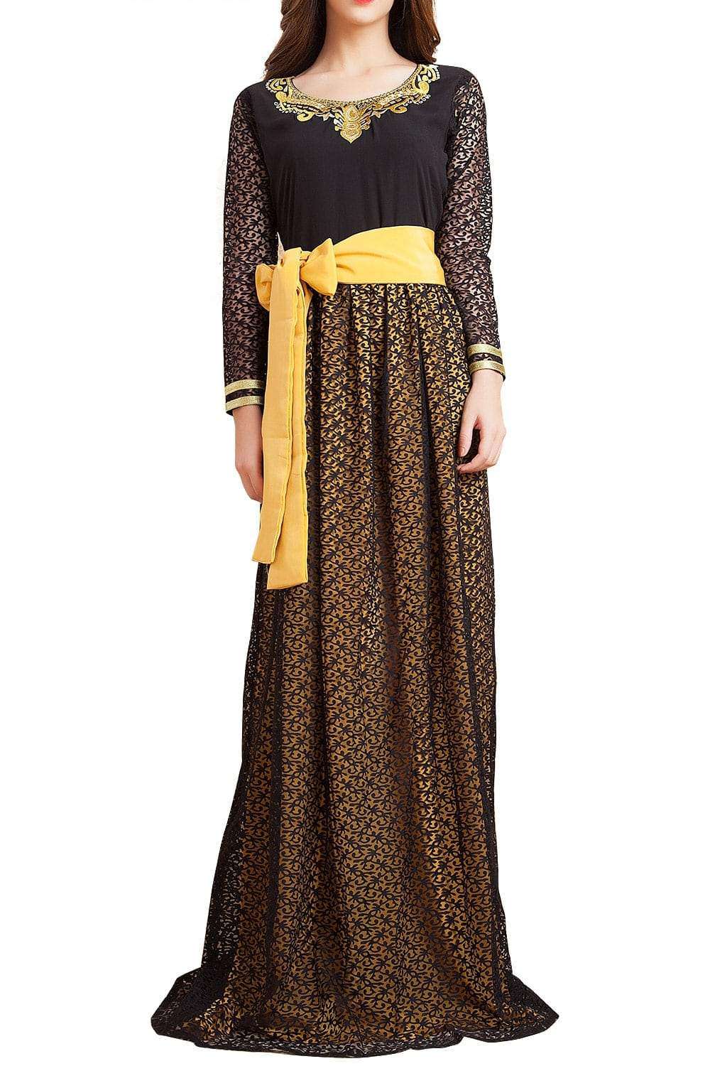 Yellow and Black Color Net Brasso Thread Work Arab Dubai Style Islamic Dress
