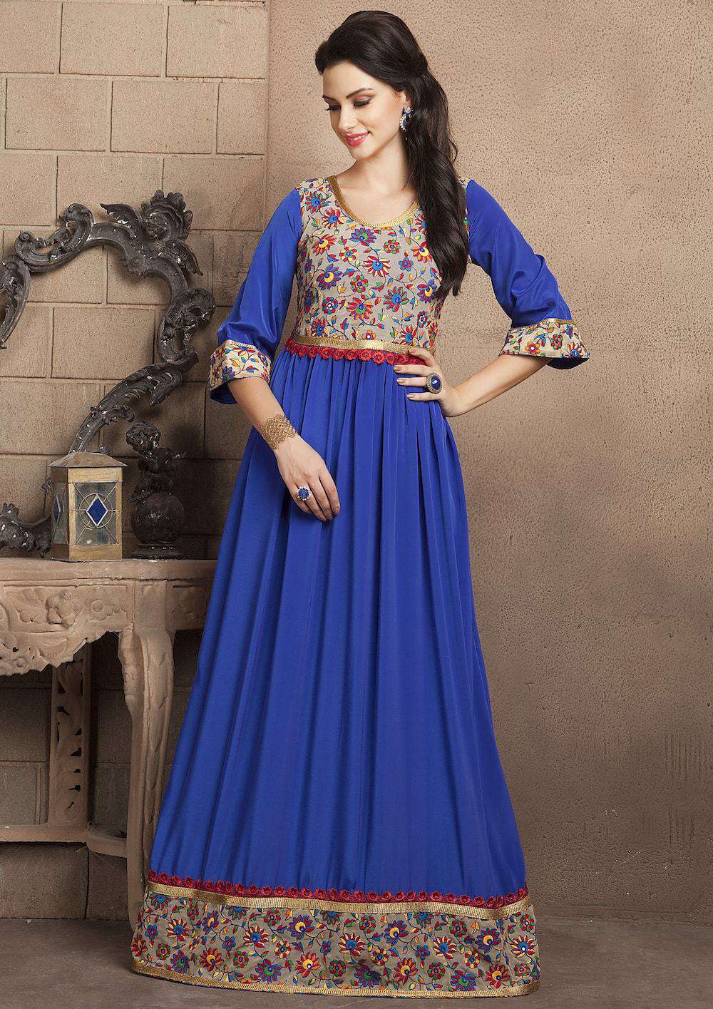 Royal Blue Casual Maxi Dress With Crepe and Lace Work Islamic Dress MYPF1198