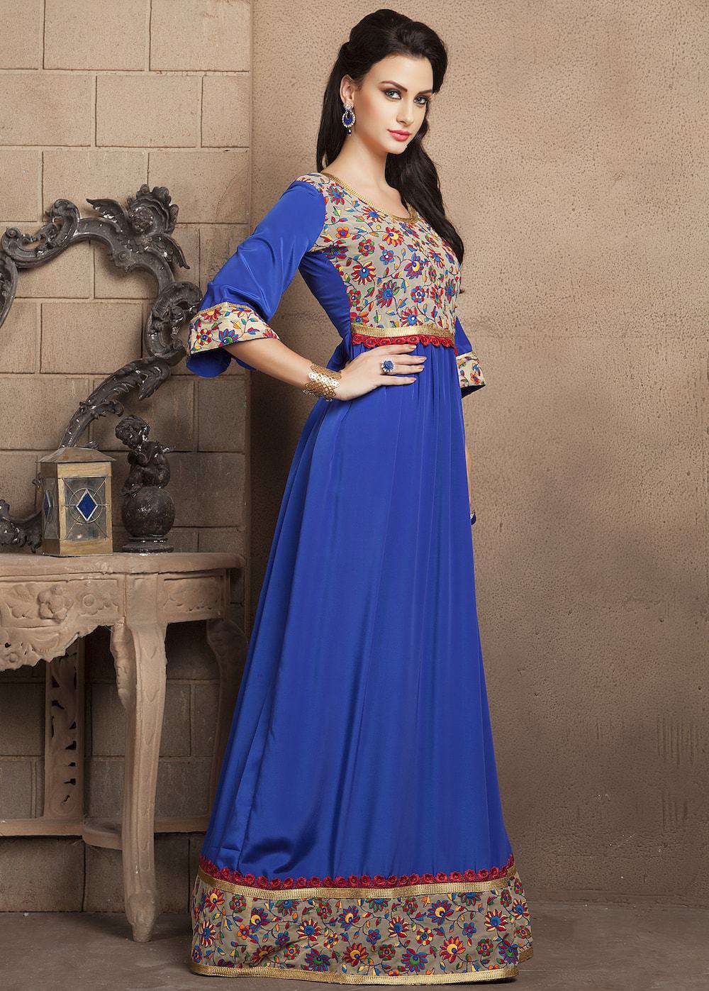 Royal Blue Casual Maxi Dress With Crepe and Lace Work Islamic Dress MYPF1198