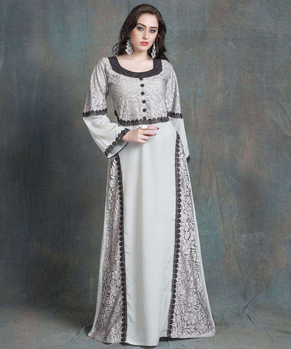 Grey Arabic Evening Dress With Net and Black Lace Work Islamic Dress MYPF1208