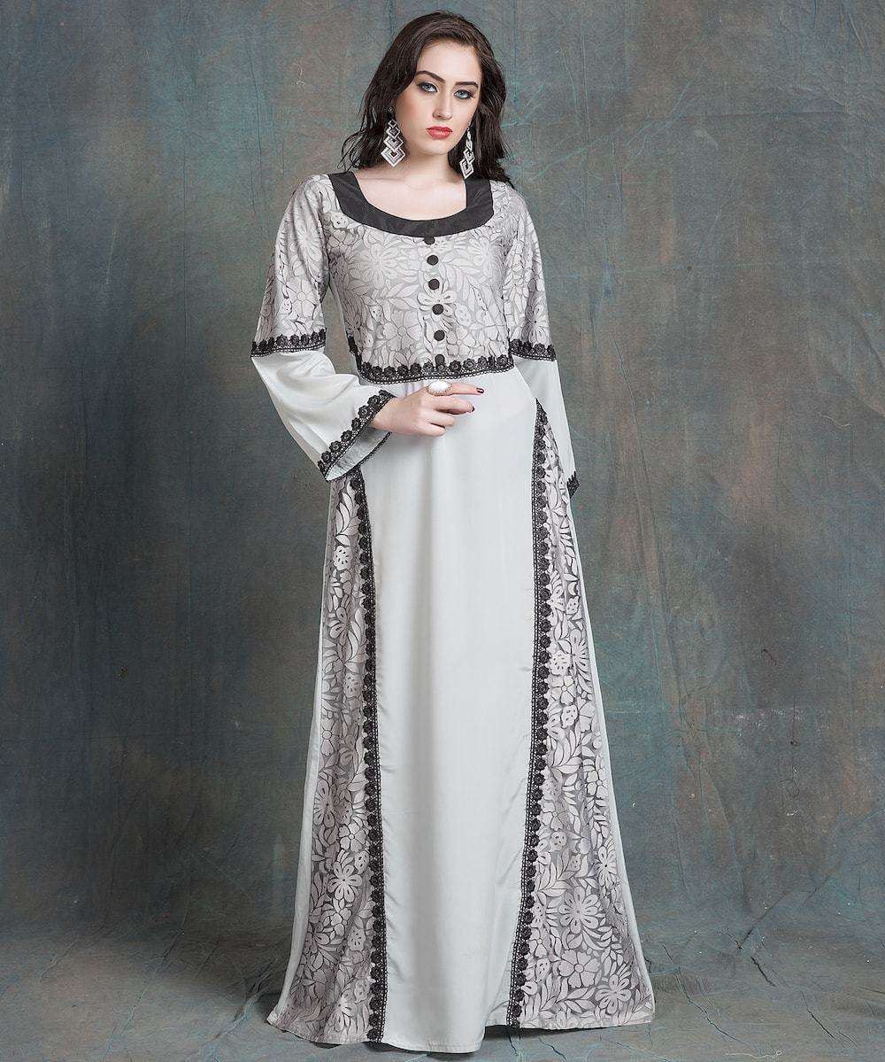 Grey Arabic Evening Dress With Net and Black Lace Work Islamic Dress MYPF1208