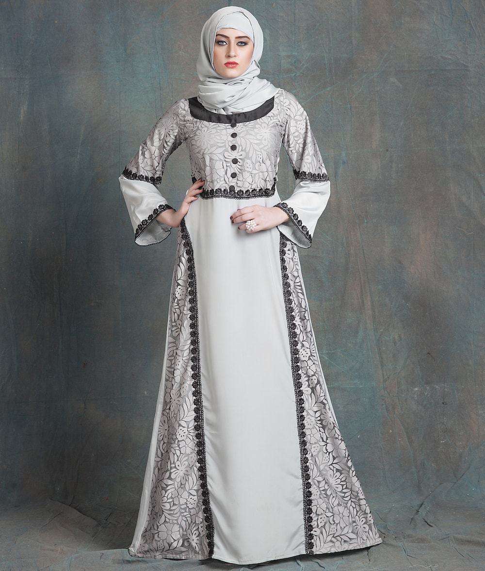 Grey Arabic Evening Dress With Net and Black Lace Work Islamic Dress MYPF1208