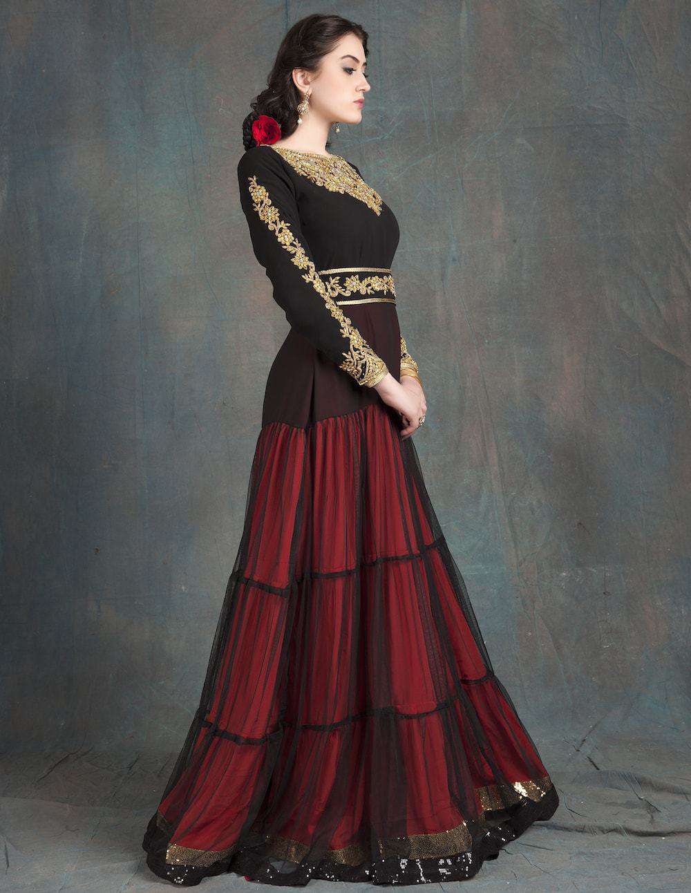 Black and Red Hand Beaded Party Wear Gown Designer Islamic Dress MYPF1213