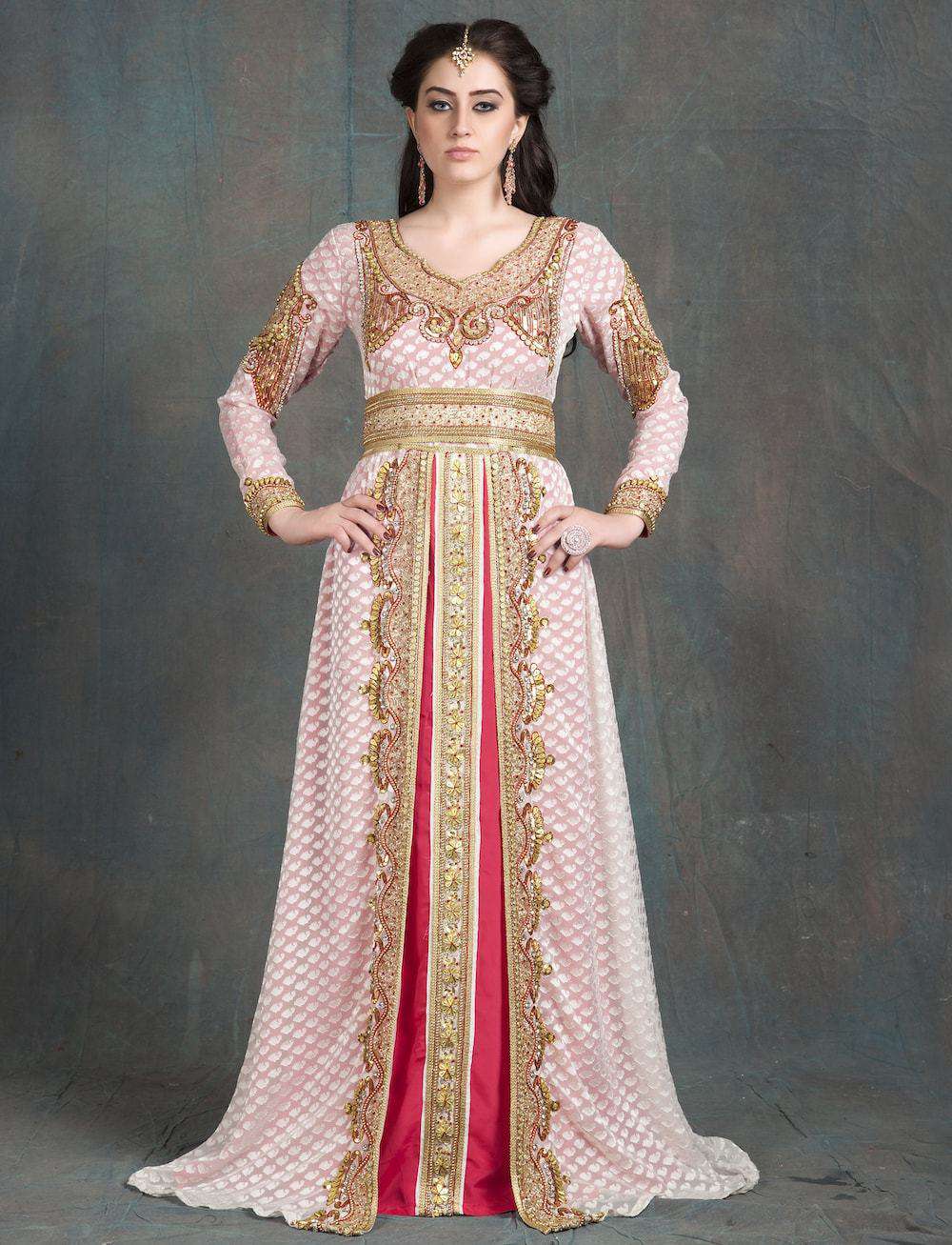 Off White and Pink Party Wear Golden Handwork Gown Designer Caftan MYPF1215