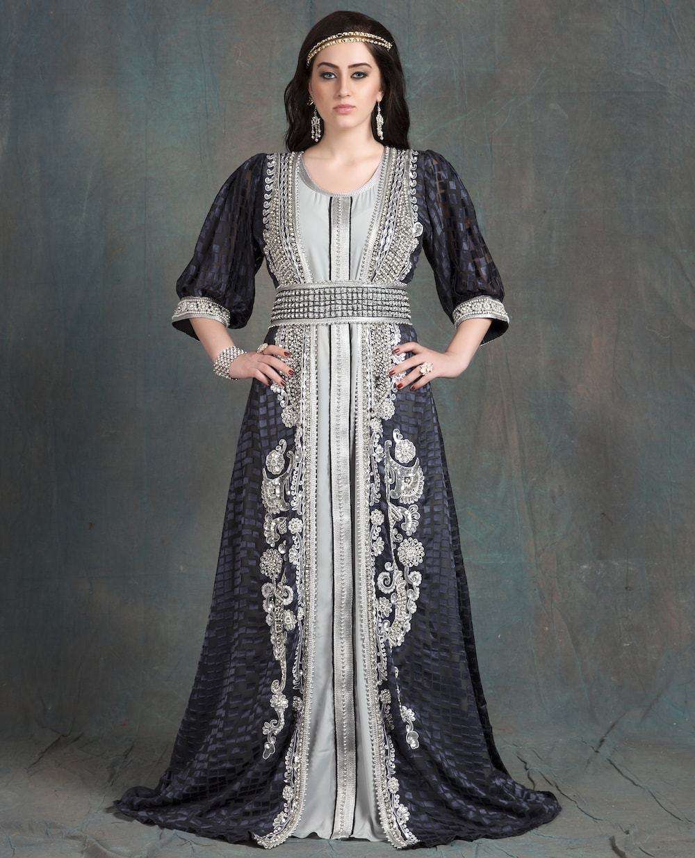 Grey Wedding Gown Designer Hand Beaded Moroccan Kaftan MYPF1220