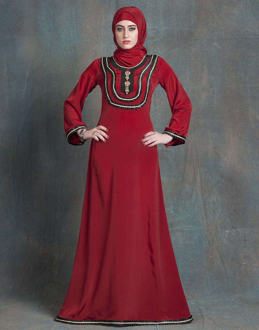 Maroon Crepe Wedding Gown Designer Hand Beaded Islamic Dress MYPF1222