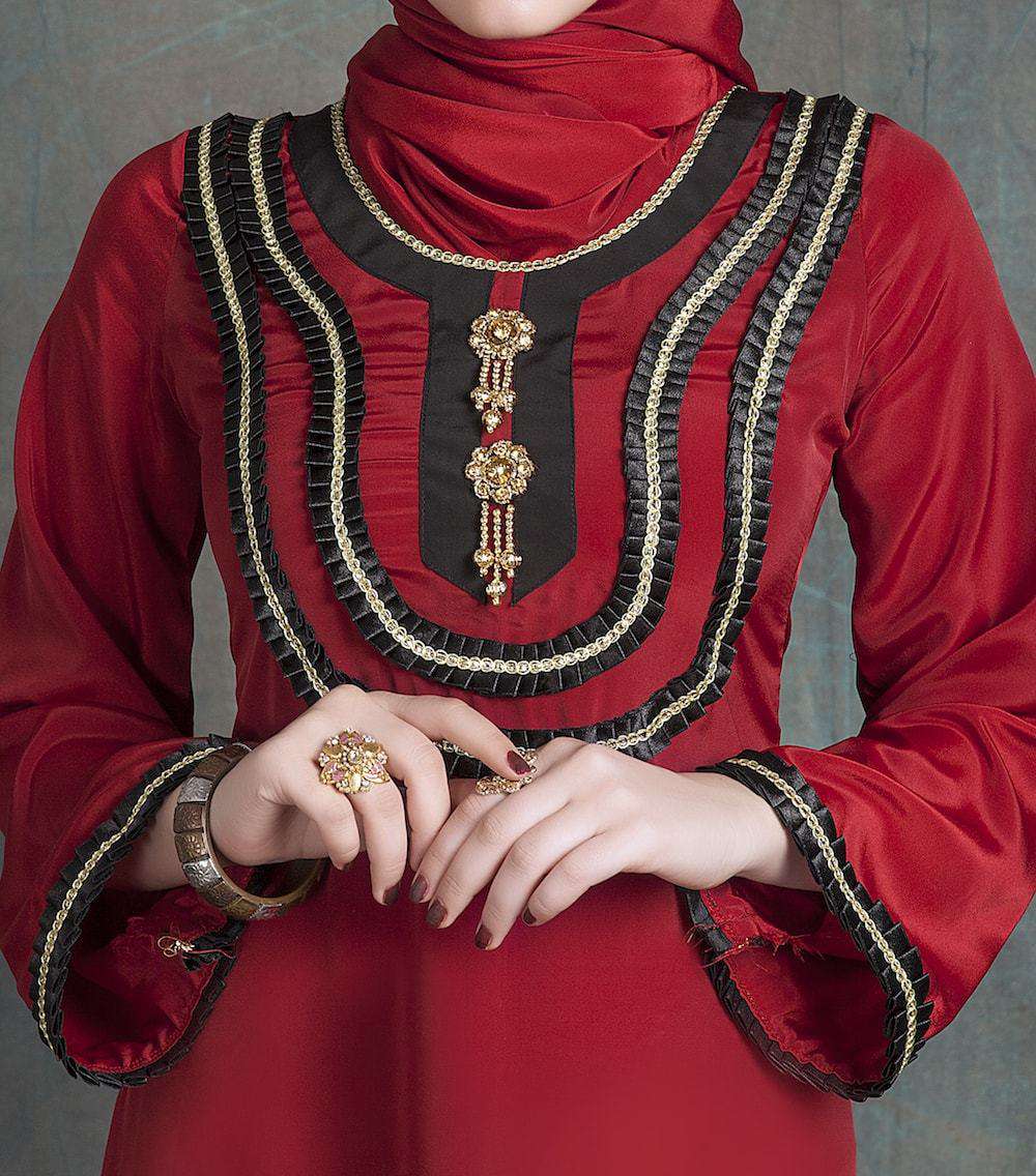 Maroon Crepe Wedding Gown Designer Hand Beaded Islamic Dress MYPF1222