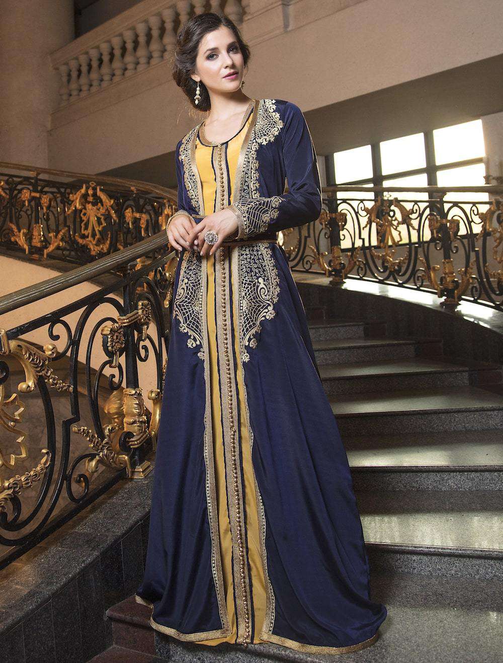 Dark Blue Party Wear Gown Designer Thread Work Dubai Moroccan Kaftan MYPF1229