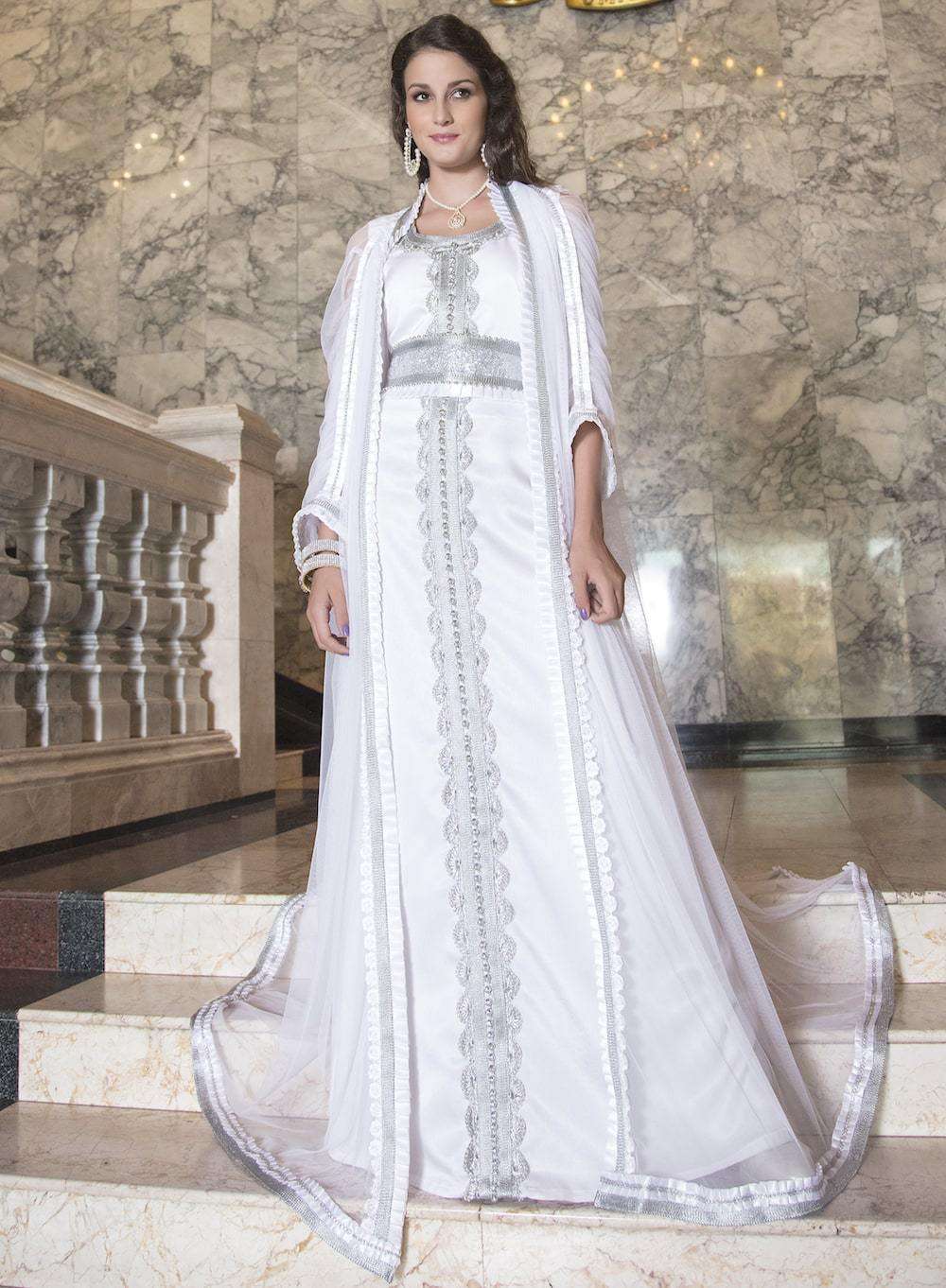 White Wedding Gown Moroccan Long Sleeve With Lace Work Takchita MYPF1230