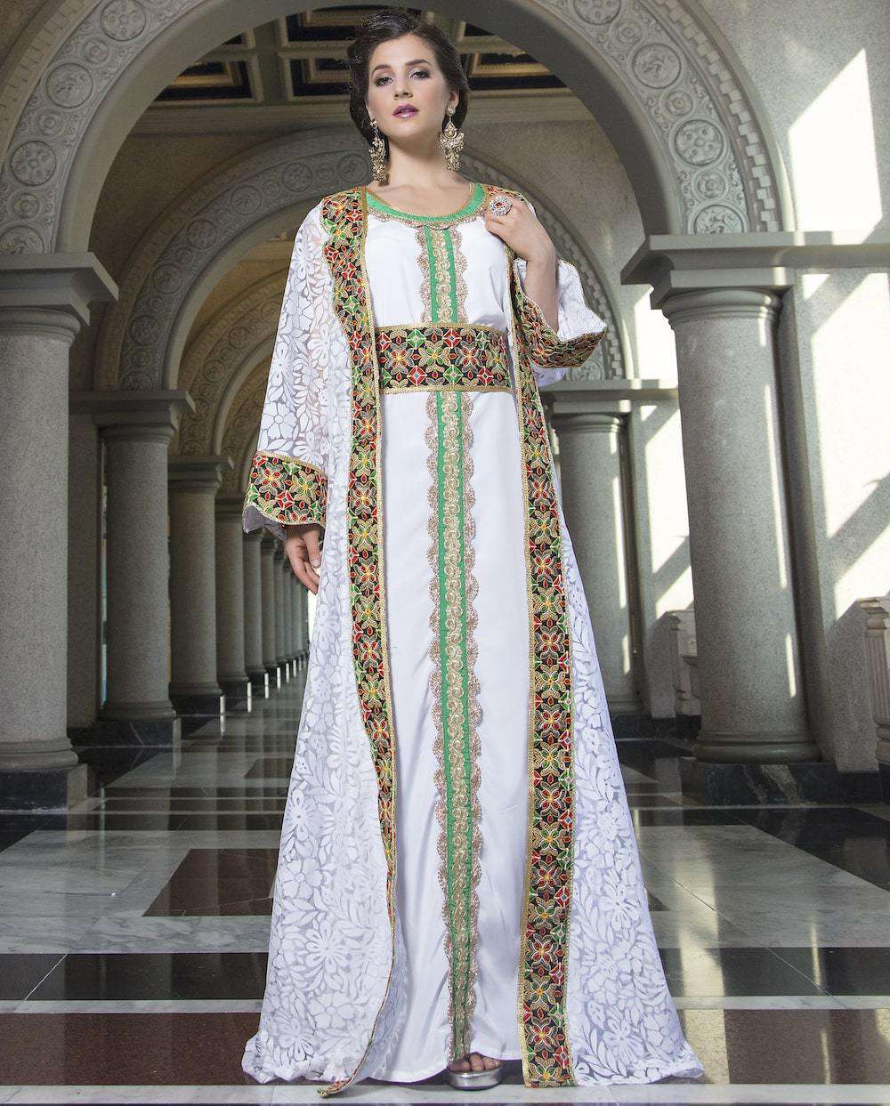White Arabic Style Net Gown With Embroidered Takchita MYPF1232