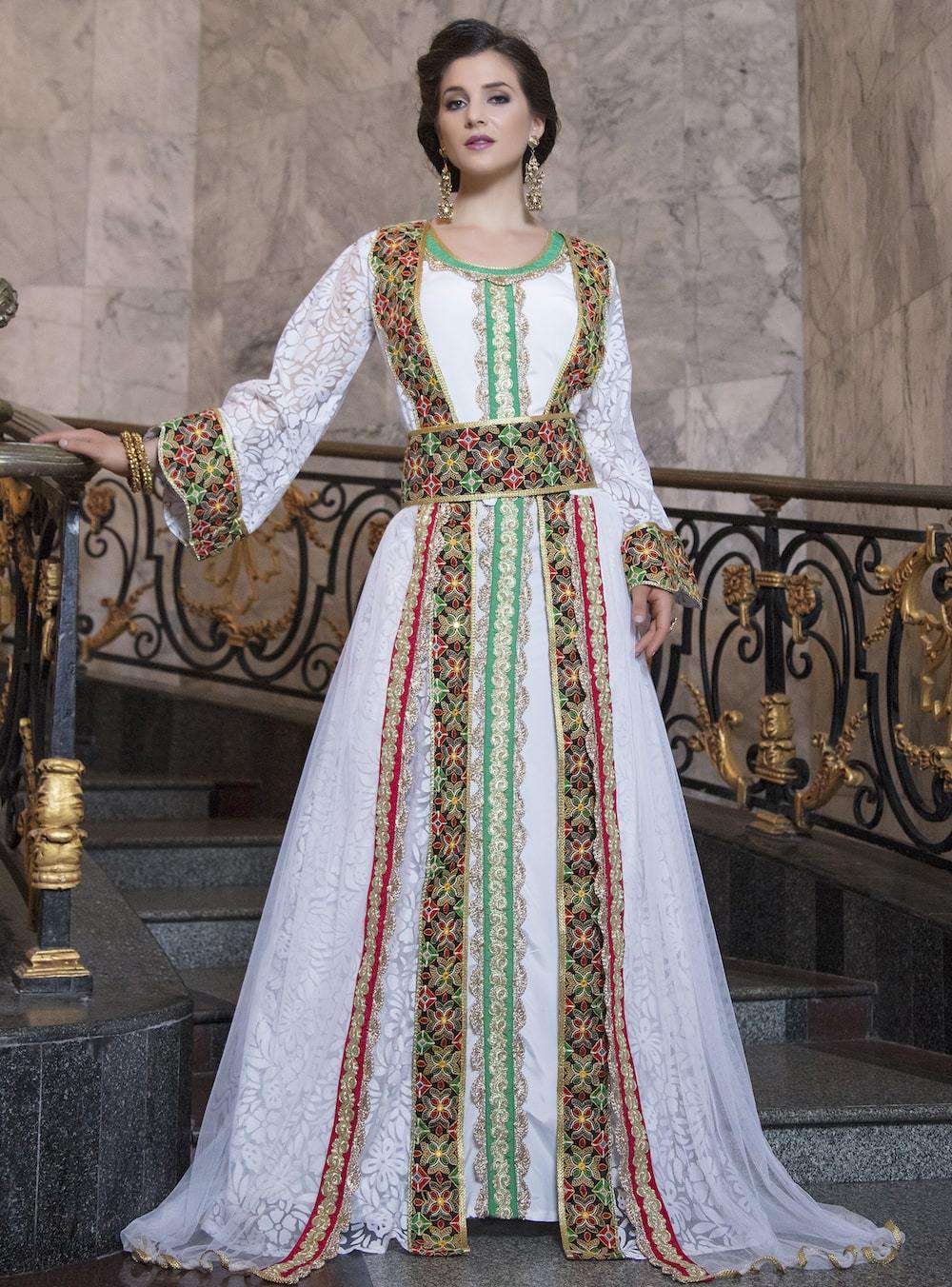 White Net Party Wear Gown With Embroidered Moroccan Kaftan MYPF1233