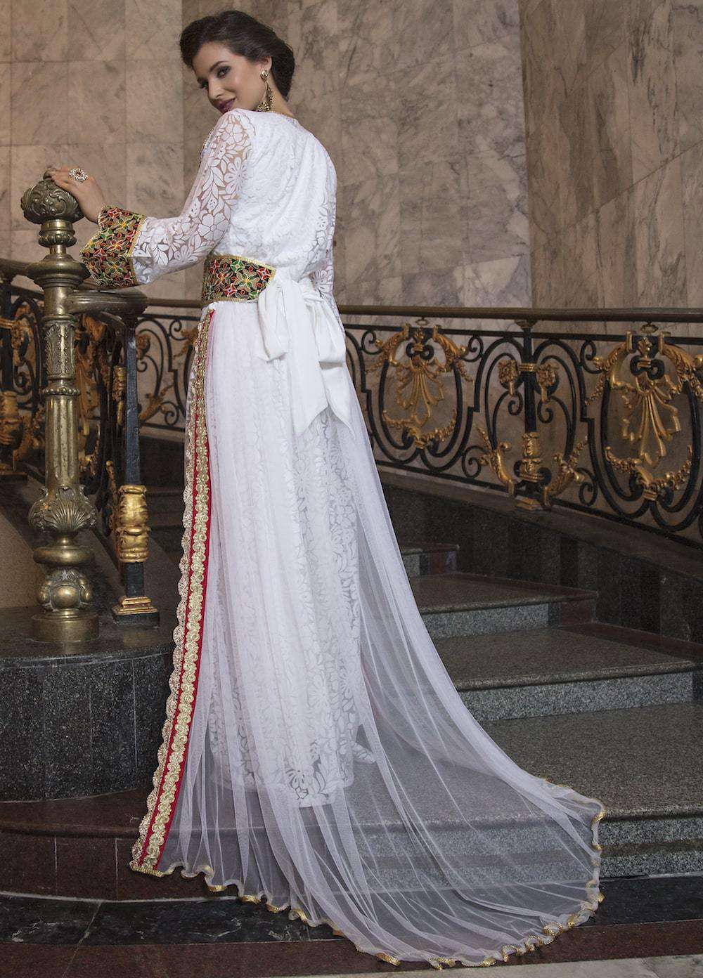 White Net Party Wear Gown With Embroidered Moroccan Kaftan MYPF1233