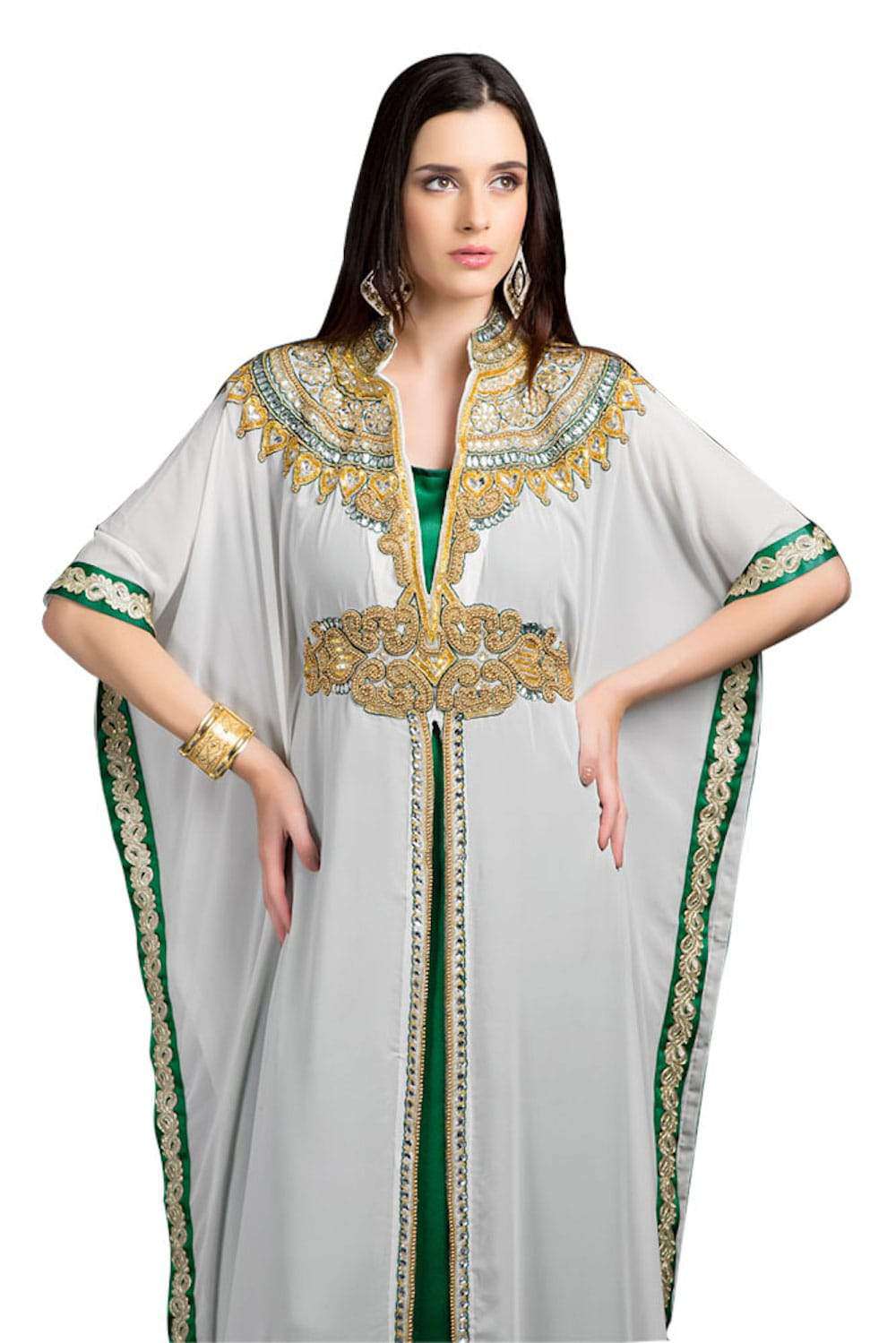 Green & White Color Long Dress With Hand Work