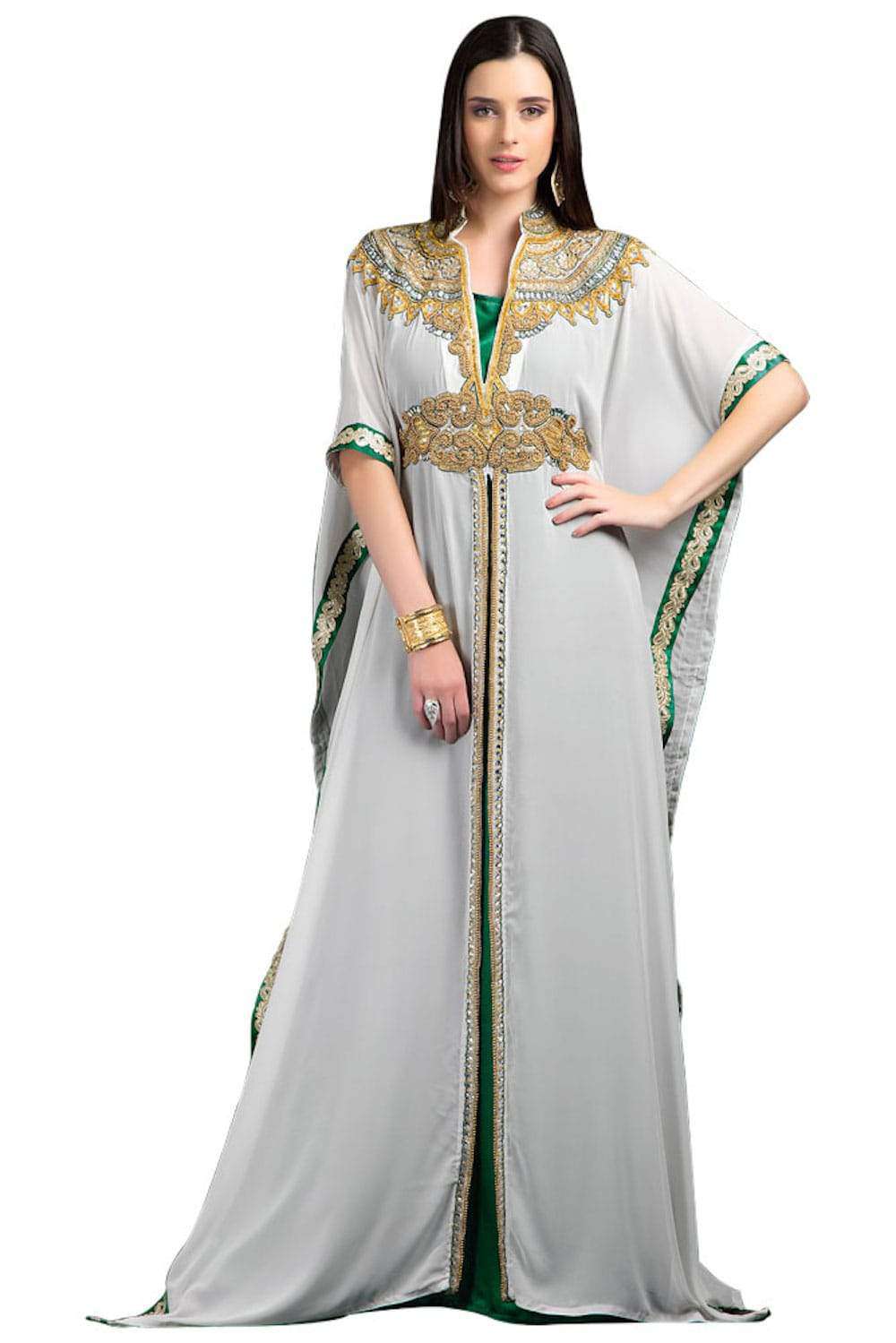 Green & White Color Long Dress With Hand Work