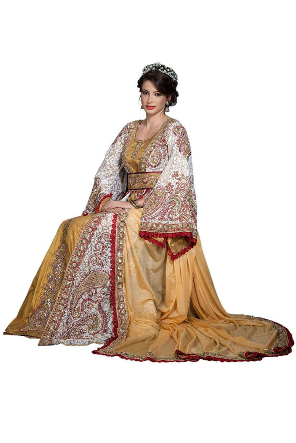 Exclusive Beige Wedding Moroccan Kaftans With Bell Sleeve