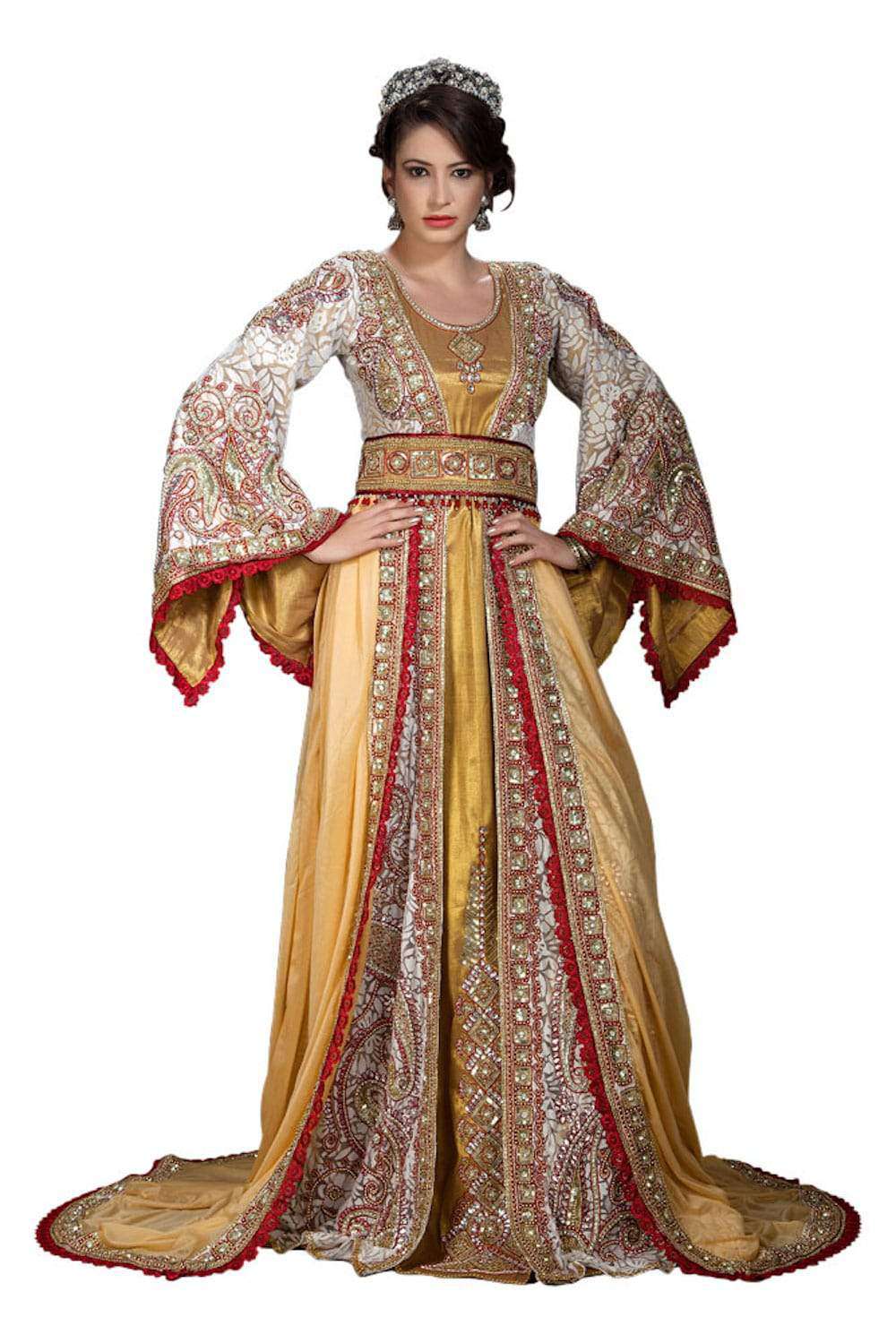 Exclusive Beige Wedding Moroccan Kaftans With Bell Sleeve